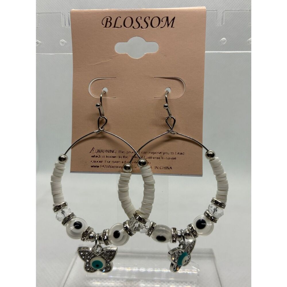 3For$20 Blossom White Beaded Hoop Earrings with Butterfly Charm